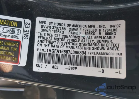 2007 Honda Civic Ex из США, поврежденный, VIN 1HGFA16887L096304